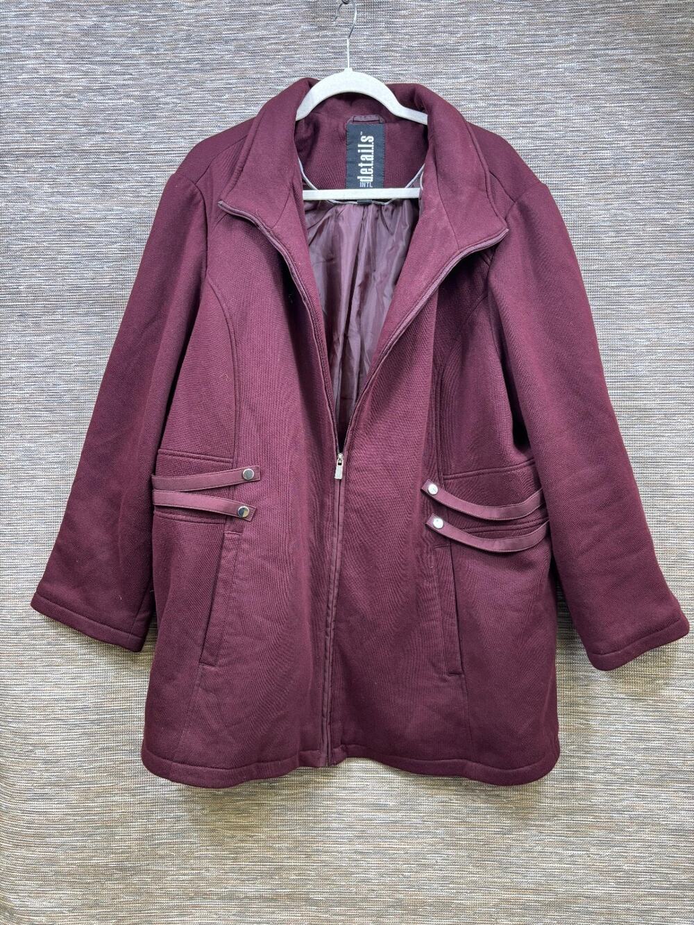 Details Int Pea Coat Womens Size 2X Burgundy Full Zip Waist Accent Long Sleeve